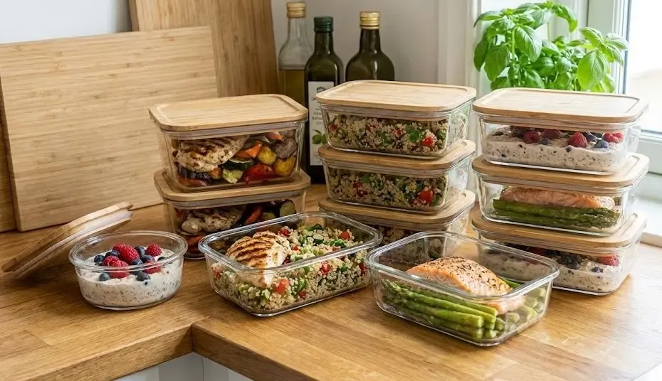 Varios recipientes de vidrio con comida preparada organizada para la semana sobre la encimera de la cocina