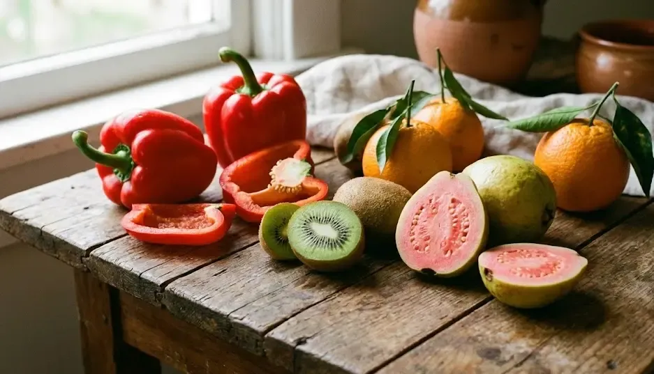 Bodegón colorido con pimientos rojos, kiwi, guayaba y naranjas sobre una mesa de madera
