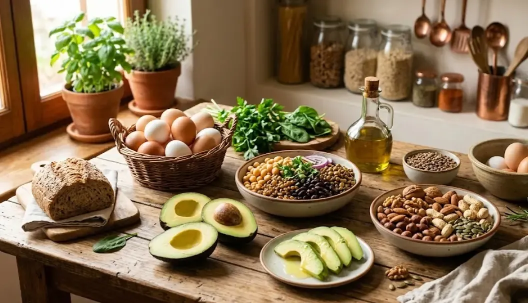 Bodegón colorido de alimentos ricos en vitamina B como huevos, aguacate, legumbres y frutos secos sobre una mesa de madera