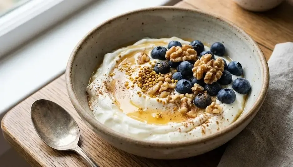 Bol de yogur griego cremoso con arándanos, nueces y un chorrito de miel