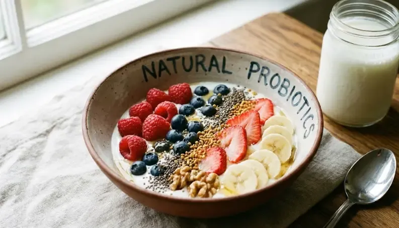 Bol de desayuno con yogur natural, kéfir y frutas frescas, representando alimentos probióticos naturales